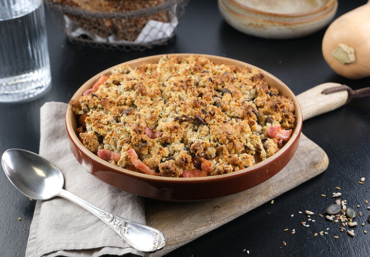 Crumble de butternut, lardon, noisettes