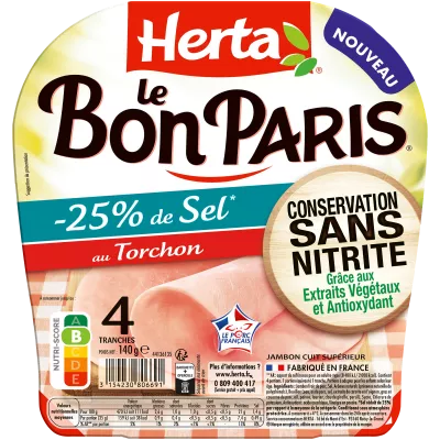 HERTA LE BON PARIS Jambon au Torchon Conservation Sans Nitrite -25% sel x4 - 140G