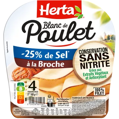 HERTA Blanc Poulet Broche   -25% sel conservation sans nitrite x4 -140g