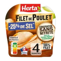 HERTA Filet Poulet Nature -25% de sel Conservation Sans Nitrite x4 – 120g 